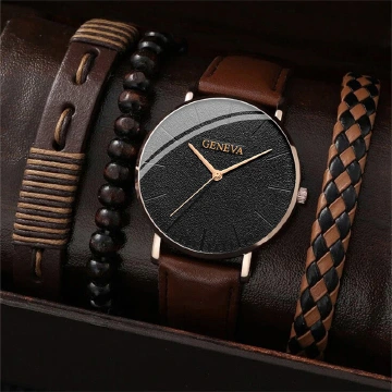 4PCS Men's Watch Set Black Men's Calendar Watch